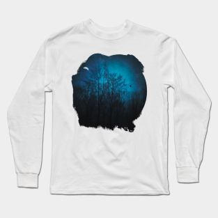 Night Long Sleeve T-Shirt - Moody Trees - Night Scene With Tree Silhouettes and Half Moon by DyrkWyst
